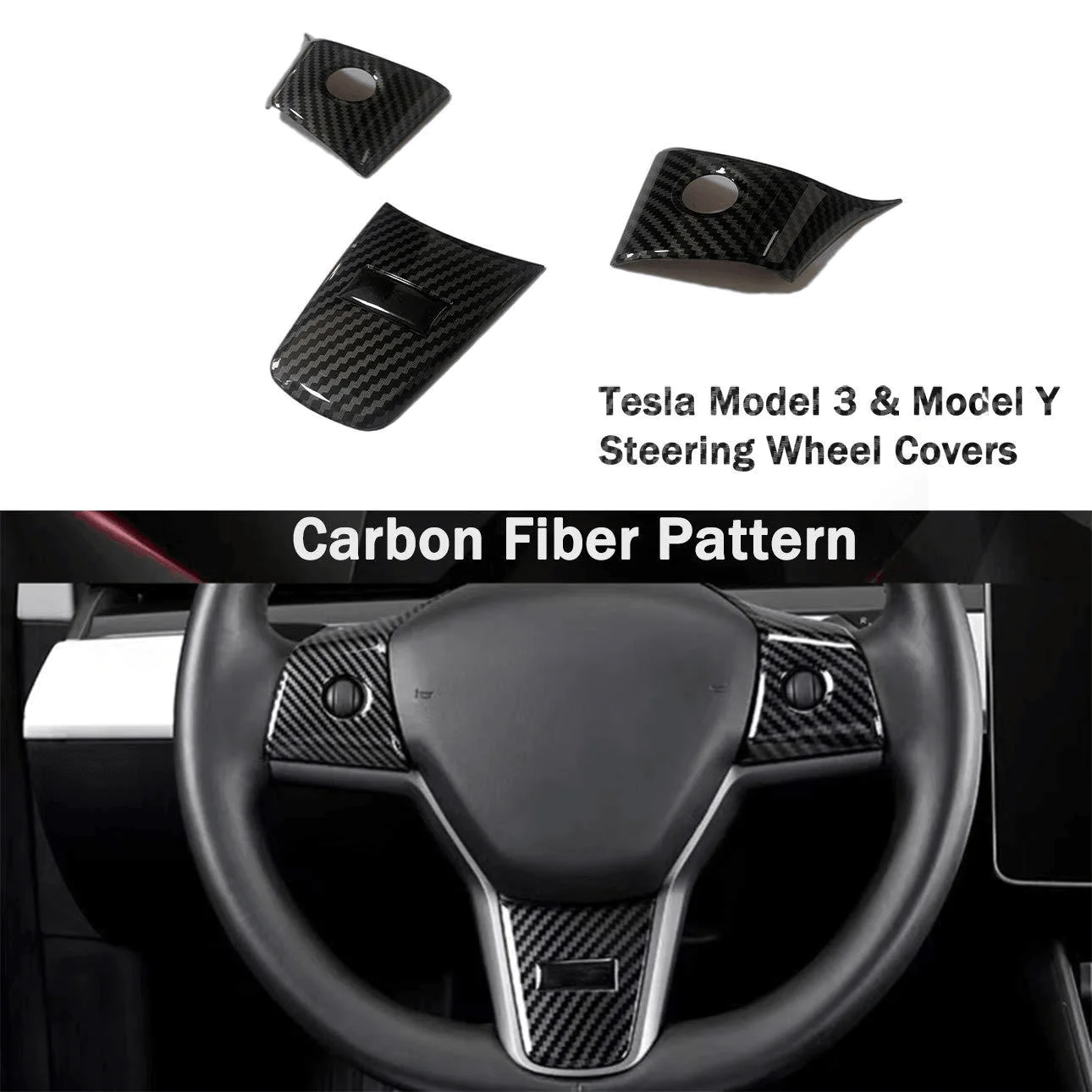 Carbon Fiber Steering Wheel Trim (Carbon Fiber Pattern ABS) – For Tesla Model 3/Y (2017-2024)