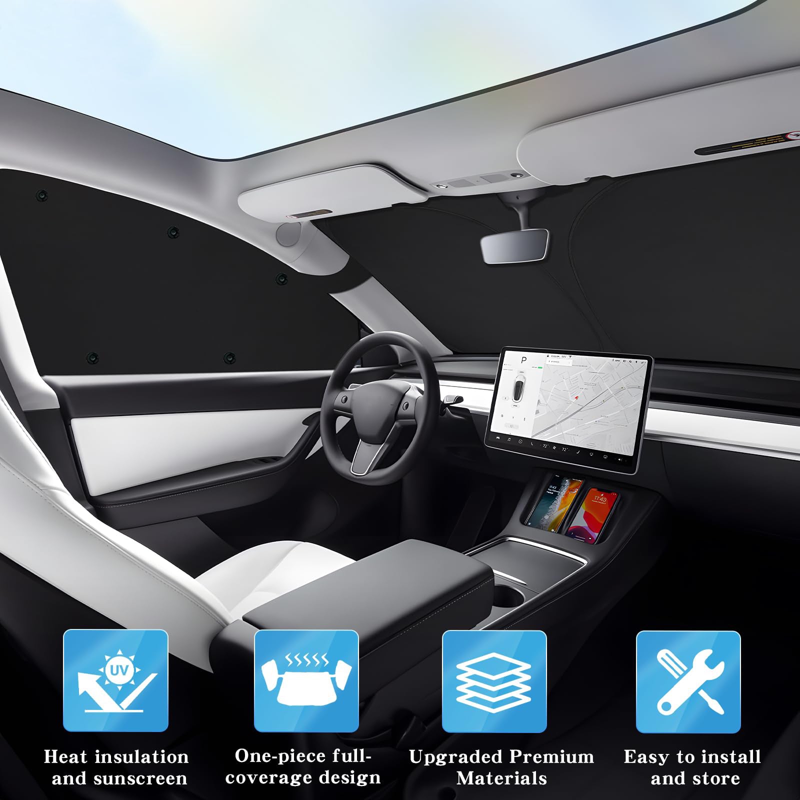 Front Windshield & Side Window 2-in-1 Integrated Sun Visor Cover – For Tesla Model Y (2020-2024)